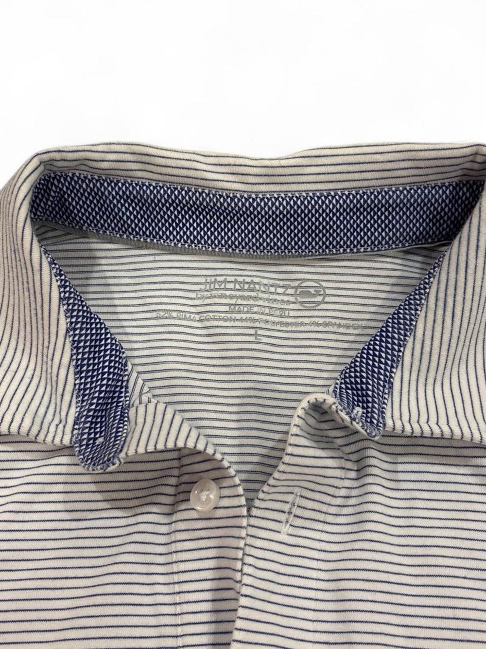 Jim Nantz Vineyard Vines blue & white striped long sleeve golf polo shirt
